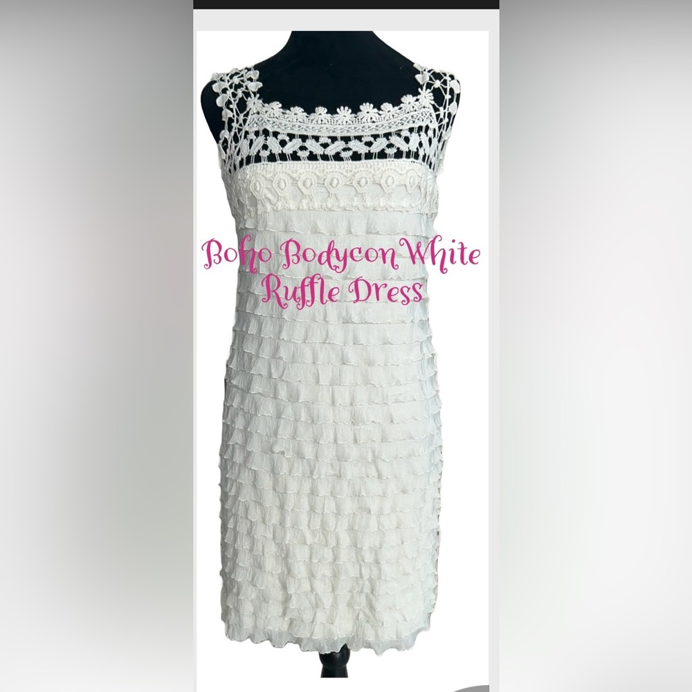 ❤️BOHO BODYCON White Lace‎ & Ruffle Mini Dress❤️